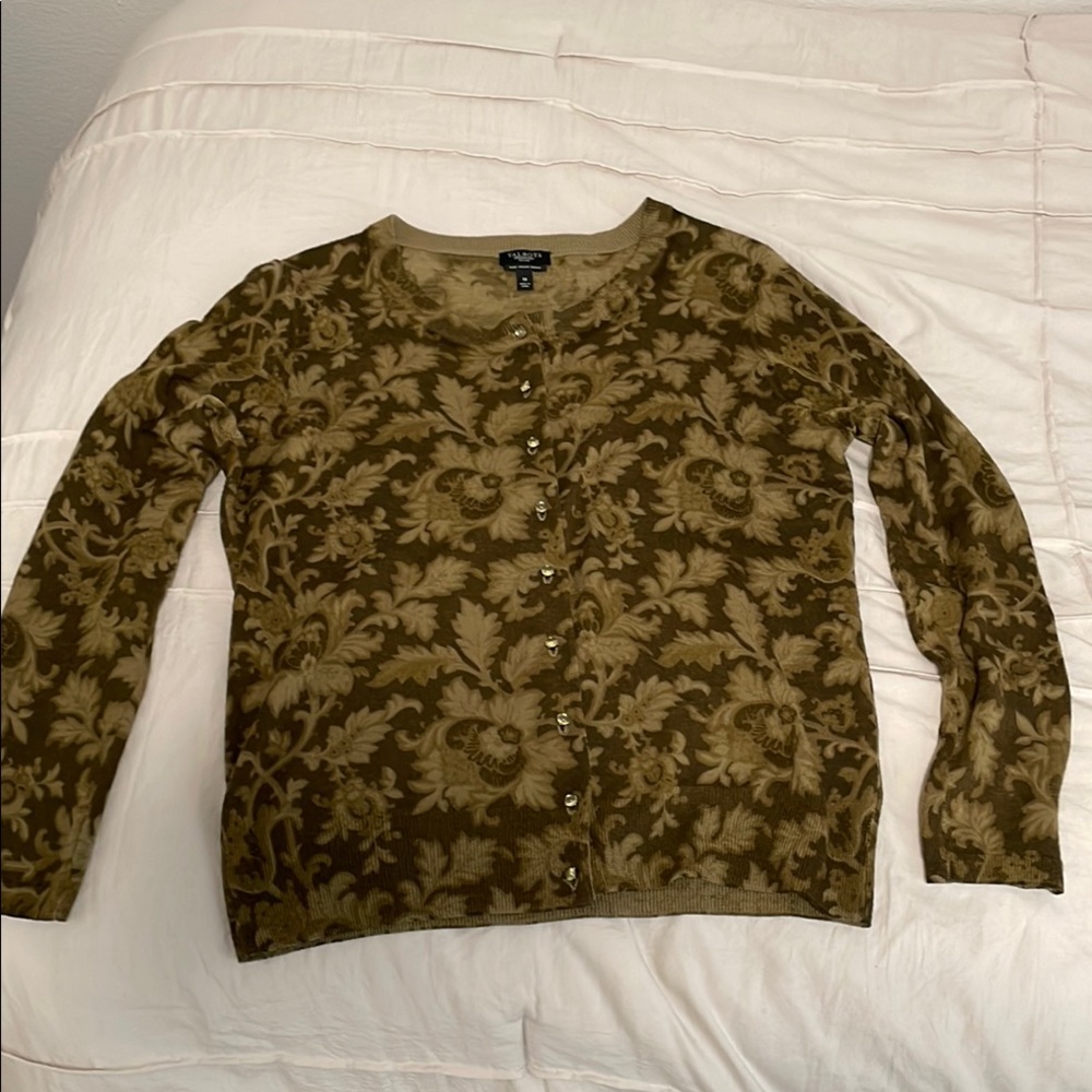 Talbots Floral Patterned Green Sweater, Size Medium, Pure Italian Merino
